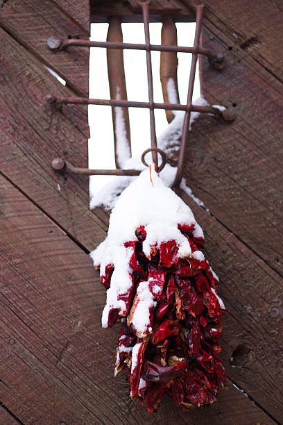 Santa Fe, NM: Chili Pepper Ristra with Snow on Wood Gate