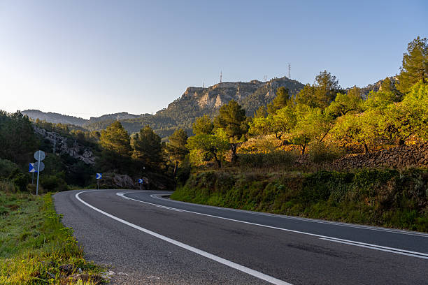 istock Winding road through a mountainous, forested landscape under a clear sky. 2217897330
