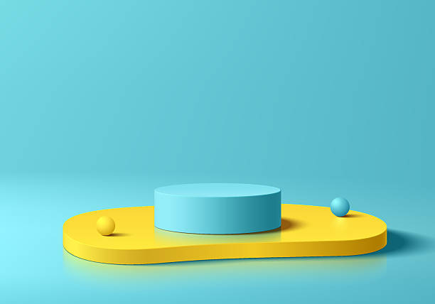 istock Blue 3D cylindrical podium background with yellow free forms pedestal in Summer scene. Minimalist mockup pedestal or Abstract product display presentation, Stage showcase. Platforms vector geometric. 2217910449