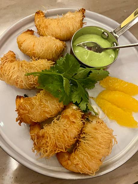 Crispy fried shrimps with wasabi sauce