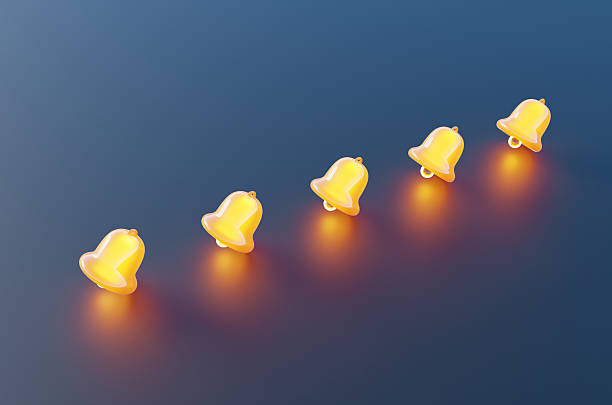 Close-up of glowing bells on blue background. 3d rendering illustration