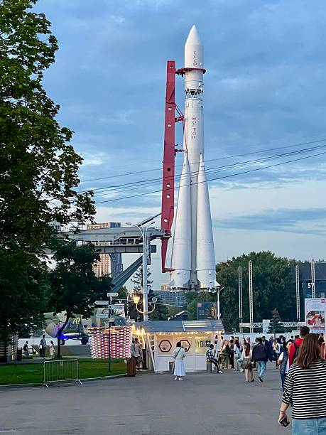 The Russian Proton space rocket replica on the streets of Kazakh city of Baikonur, leased by Russia for space exploration, cosmodrome and spaceport purposes.