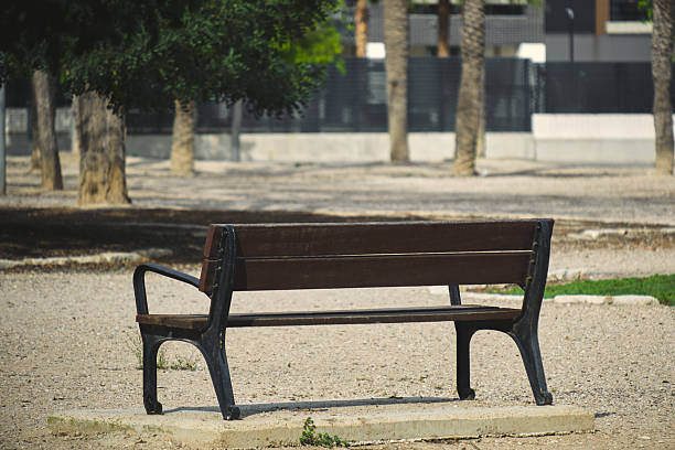 istock Peaceful urban park bench in sunny day with trees and pavement. 2217933104