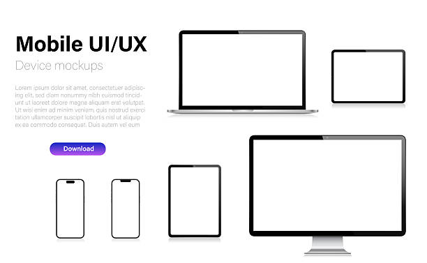 Realistic Vector Mockup Digital Tablet, Mobile Phone, Smart Phone, Laptop and Computer Monitor. UI / UX design. Vector illustration, modern digital devise, digital template. Stock illustration. EPS 10.