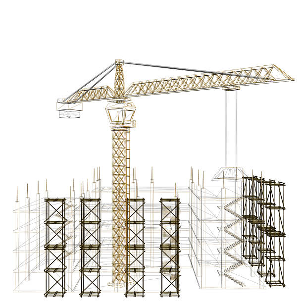 istock Detailed wireframe of a construction crane and scaffolding system, showcasing the intricate framework used in building development. It highlights the structural complexity of the crane's boom, tower 2217941240