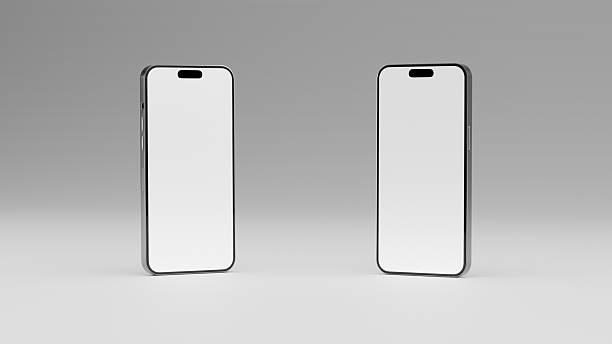 istock 3D render illustration of two mobile phones for mock up. Smartphone frame blank screen isolated on white background. For mockup on light background. Template for place your brand or presentation. 2217941490