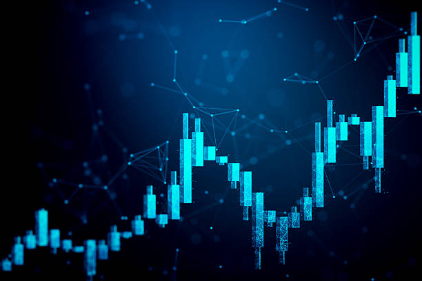 istock Abstract digital forex candlestick chart with glowing data connections on a dark background representing stock market growth and financial analysis. 3D Rendering 2217957583