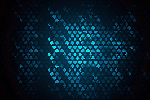 Abstract dark blue background with glowing poker card suit symbols in geometric pattern on modern empty backdrop. 3D Rendering. 3D Rendering