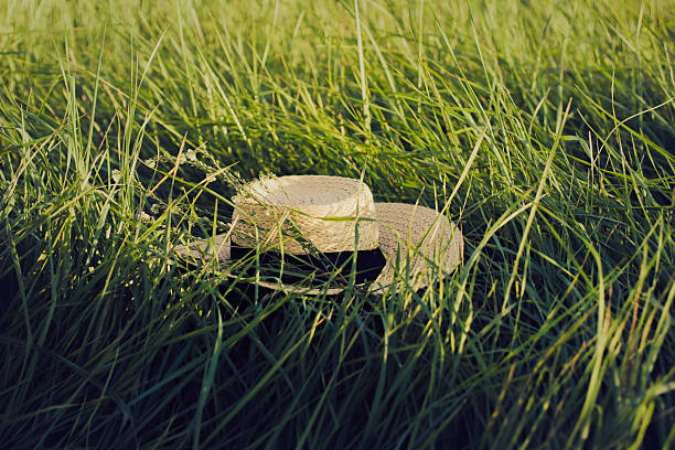 A straw hat resting on the grass, embodies a relaxed summer day