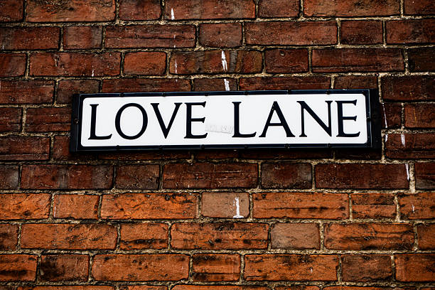 White street name sign reading Love Lane mounted on a traditional red brick wall. Photographed in the UK, the sign evokes themes of romance, urban culture, and travel curiosity. Suitable for editorial use and romantic visual metaphors.