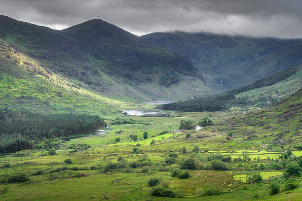 A serene and picturesque view of a lush, vibrant Black Valley nestled perfectly between rolling mountains showcases a truly tranquil landscape beneath moody, overcast skies, Kerry, Ireland