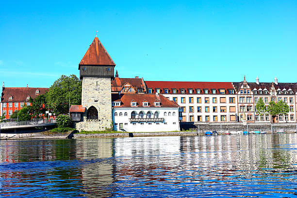 Pictures from Bodensee lakes depicting the view of the Rheintorturm in Konstanz