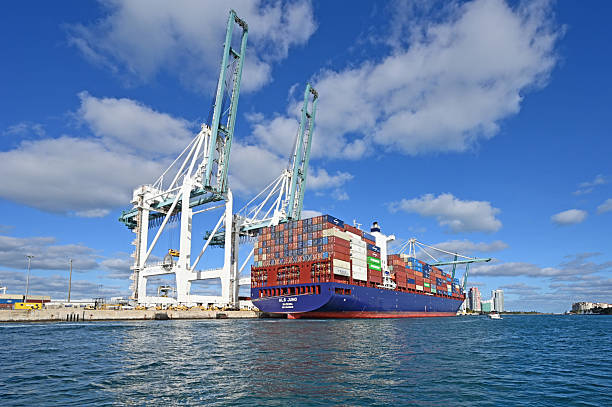 Miami, Florida - December 8, 2024: Container ships load cargo at Port Miami on sunny afternoon.