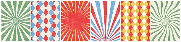 circus retro background set. vintage carnival template for poster with sunburst, swirl and rhomb
