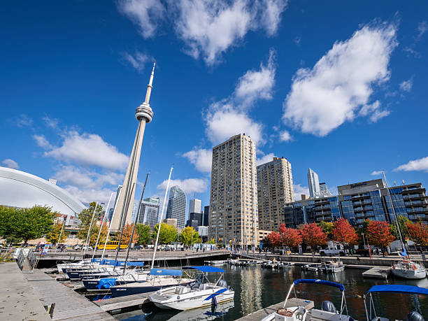 Toronto, Ontario, Canada – October 2014: View of the CN Tower and downtown skyline from the marina, with sailboats docked in the harbor and autumn trees adding color to the waterfront.
