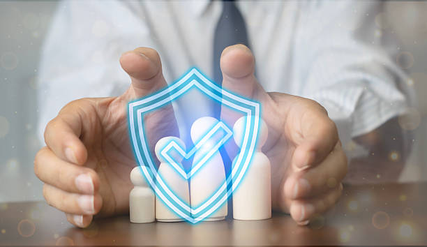 Insurance protection concept for family, health, home, car, life and financial planning with businessman, selling, buying, dealing. stock photo