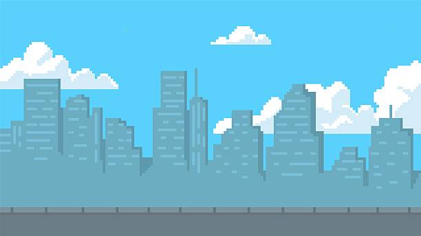pixel art panoráma města hry pozadí, vektorové siluety budov a mrakodrapů scéna pro 8 bit arkádové videohry - pixel art stock ilustrace