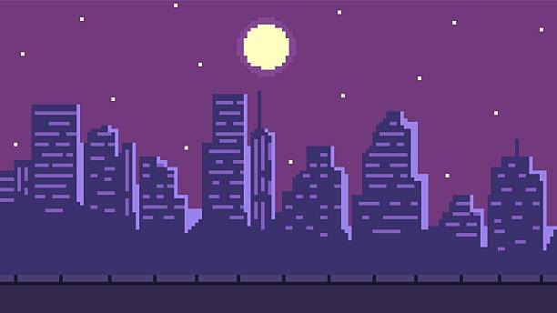 Pixel art night cityscape game background with full moon light on starry sky. Cartoon silhouettes of buildings and skyscrapers scene for 8 bit arcade video games. Vector retro dark downtown view