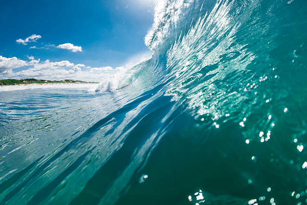 Breaking powerful ocean wave with crystal clarity under a bright blue sky.