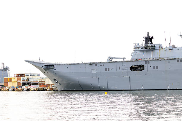 Australian Navy ship dock at Sydney Harbour, full frame horizontal composition, white background with copy space