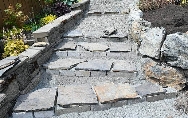istock Yard landscaping project terracing with stairs and stacked stone walls 2217996292