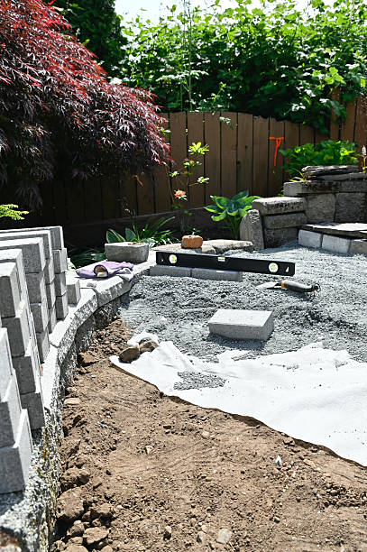 istock Landscaping garden stairs and pathways in progress in front yard project 2217996293