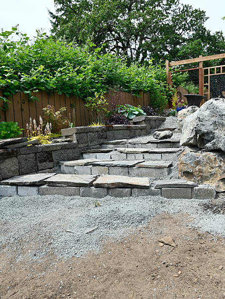 istock Yard landscaping project terracing with stairs and stacked stone walls 2217996311