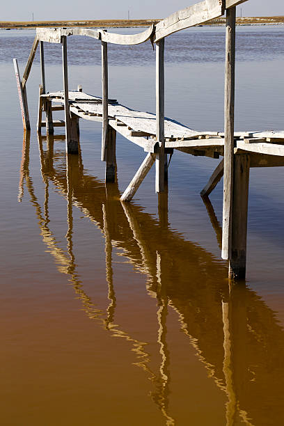In an alkali soda lake used for sodium carbonate extraction, a decaying wooden pier stands partially intact. The structure reflects past human intervention and the gradual abandonment of infrastructure around the lake. Despite the derelict pier, the lake remains a significant natural source for soda production.
