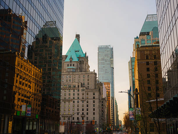 Downtown Vancouver cityscape with high rise buildings and old architecture  on sunny day, Canada