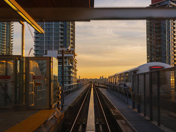 view to an elevated railway track in Vancouver in Canada