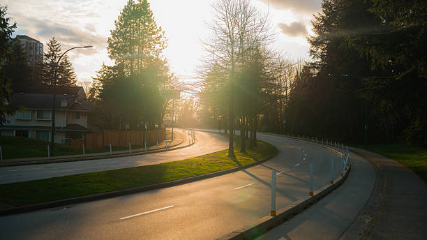 Sunlit road with bicycle lane in Vancouver,BC, Canada