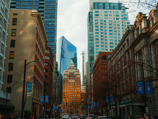Downtown Vancouver cityscape with high rise buildings and old architecture  on sunny day, Canada