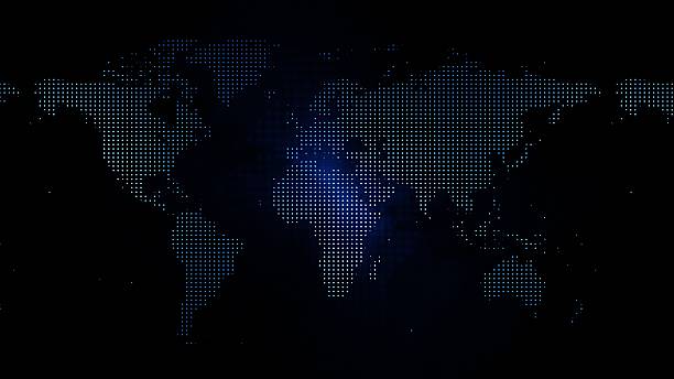istock Blue neon dotted world map glowing with futuristic digital design on dark background 2218017500