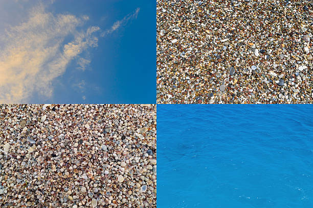 Four panels showcase natures elements sky, ocean, pebble beach, and shell beach. Ideal for travel, relaxation, or environmental themes. Summer vibes, texture play.