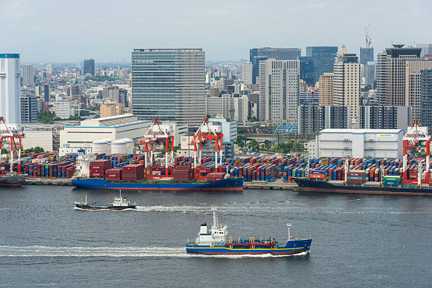 Tokyo Container Port Activity with City Backdrop