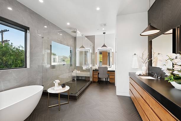 istock Modern Luxury Bathroom with Freestanding Tub and Double Vanity 2218031117