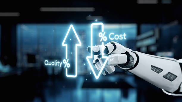 istock Futuristic robotic hand indicating performance metrics with quality and cost arrows in a modern technological environment for industry analysis and decision making. Auvana 2218042628