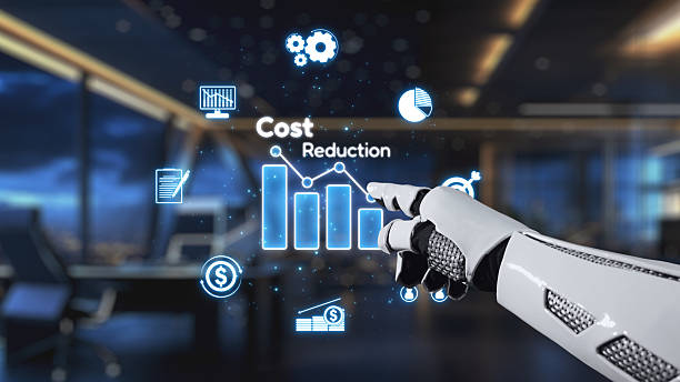 istock Futuristic Robot Hand Interacting with Cost Reduction Analytics in Modern Business Office Environment Focused on Technology and Innovation. Auvana 2218042659