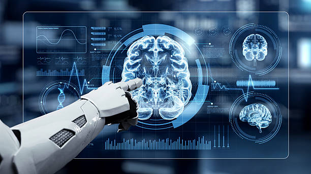 istock Close up of robotic hand pointing and tapping at brain hologram. Salubrious. 2218042794