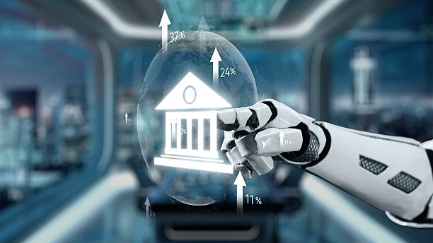 A futuristic scene featuring a robotic hand engaging with digital banking symbols, illustrating the integration of technology and finance in modern business environments. Auvana
