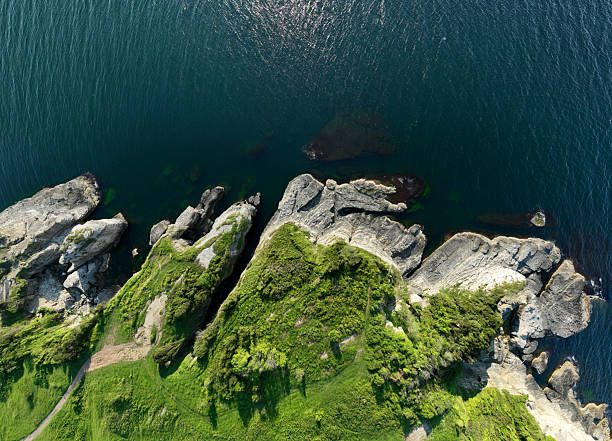 Aerial view directly above rugged coastal cliff