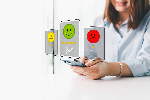 istock Customer service evaluation concept. Client feedback from marketing survey excellent service and quality satisfaction, customers can evaluate quality of service leading to business reputation rating. 2218053449