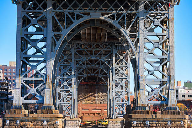 Underneath the Brooklyn Williamsburg bridge, Bridge arch  architectural feature, built structure, NYC. \nFamous view,  New York City.