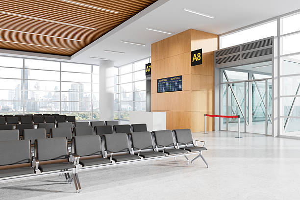 istock Modern airport terminal interior with empty waiting area, panoramic city view, and gate signs in spacious, bright architectural design. 3D Rendering 2218055661
