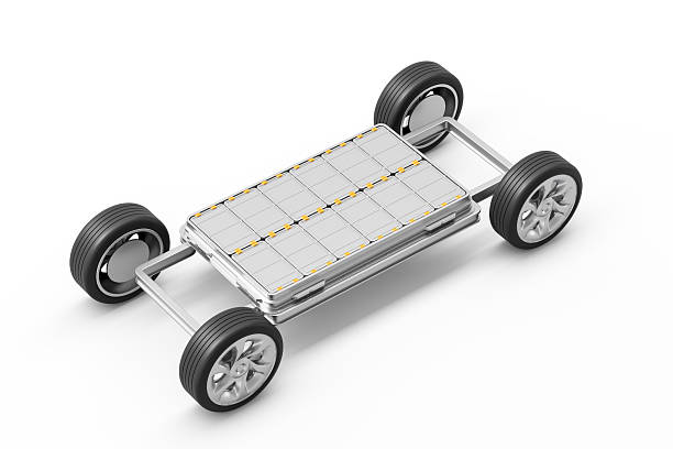 istock Electric vehicle battery platform concept with four wheels and modular battery pack design on a clean white background. 3D Rendering 2218055939