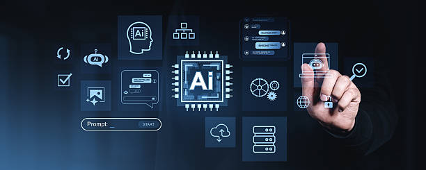 istock Human hand interacting with digital interface of artificial intelligence icons and chatbot technology on dark futuristic background in blue tone. 2218056091