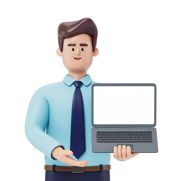 istock A man stands holding a laptop with a blank screen 2218065572