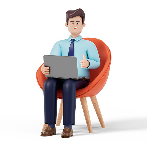 istock A man sits on an orange chair holding a laptop 2218065573