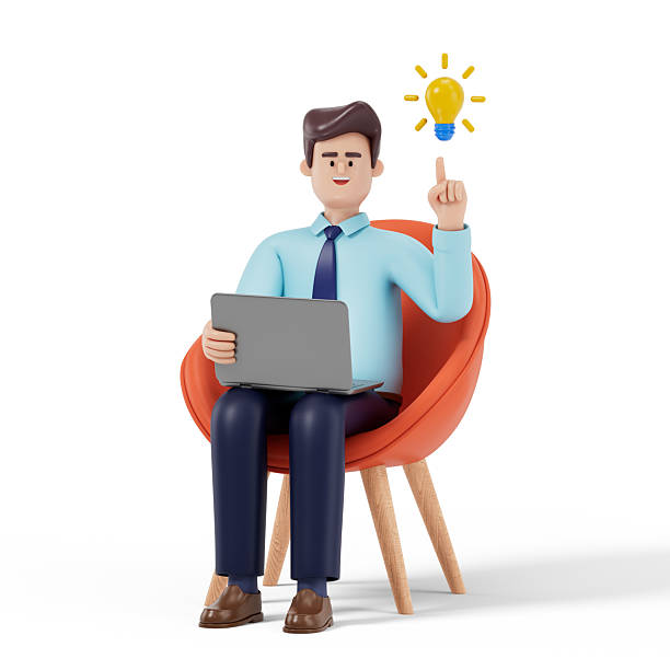 istock A man sits on an orange chair holding a laptop 2218065574