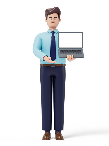 istock A man stands holding a laptop with a blank screen 2218065578